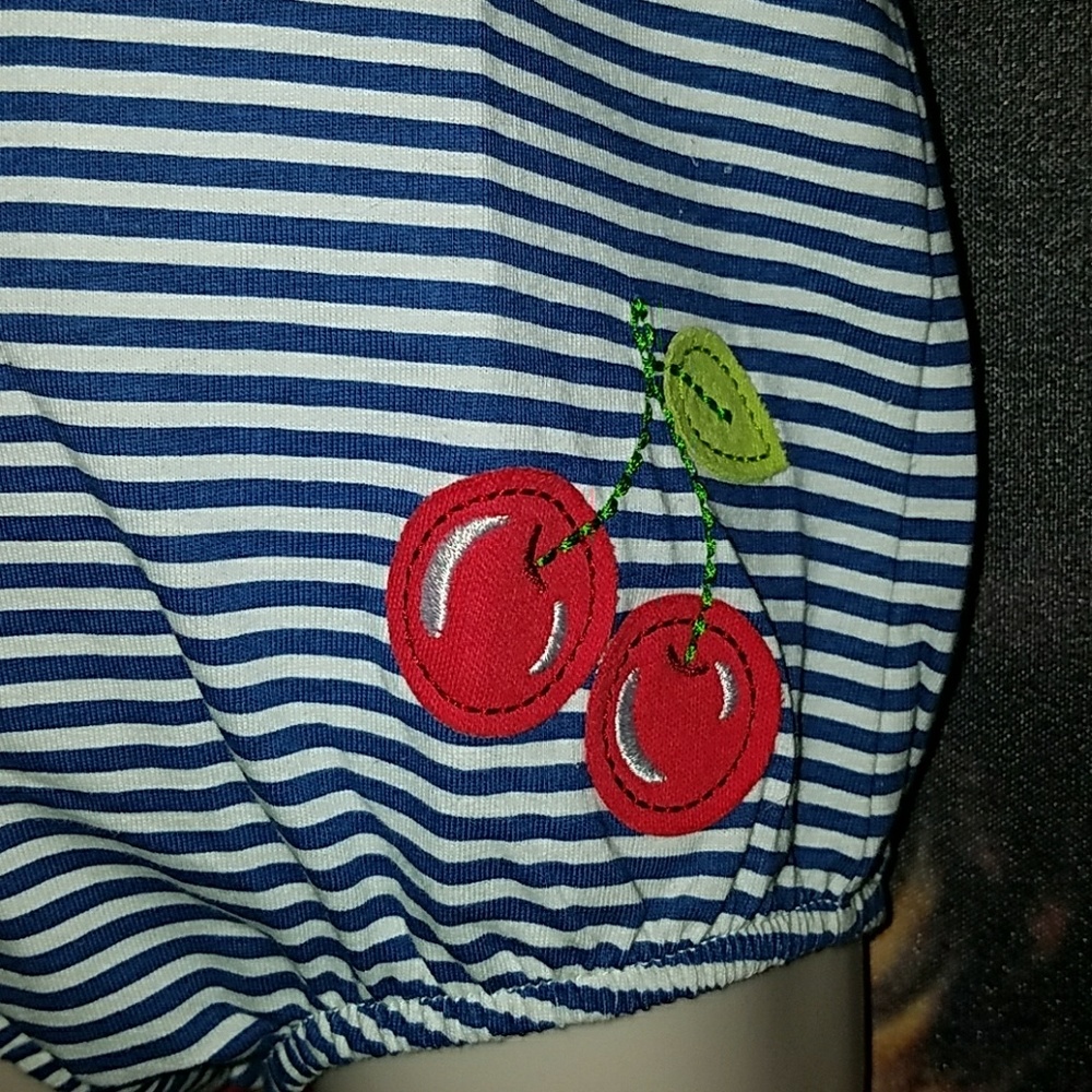 RockABilly Girl Blue Stripe Romper w Cherry Bottom - Picture 6 of 8